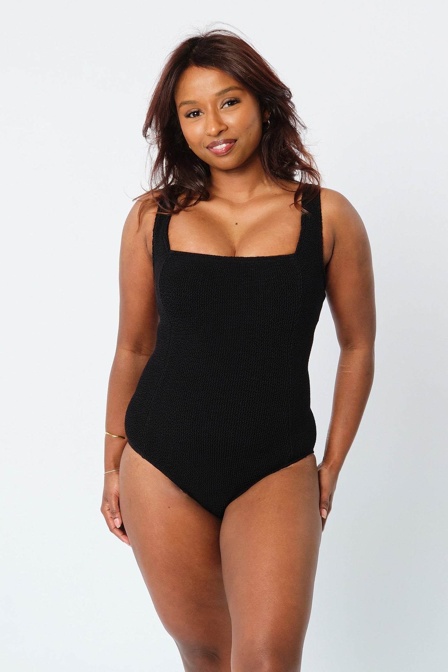 Crinkle Cut Square Neck One Piece BLACK