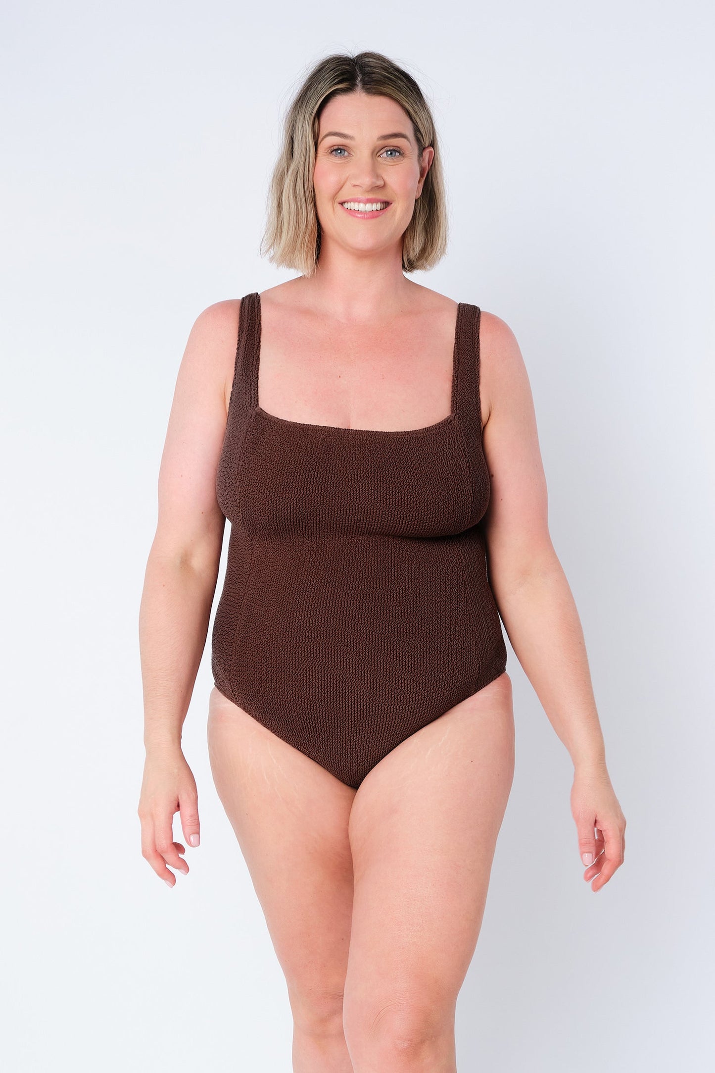 Crinkle Cut Square Neck One Piece CHOCOLATE