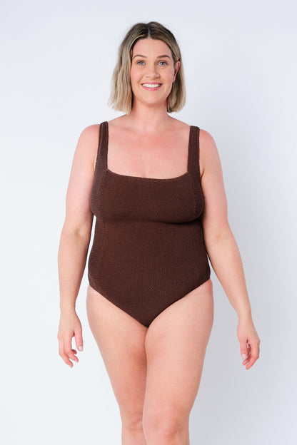 Crinkle Cut Square Neck One Piece CHOCOLATE
