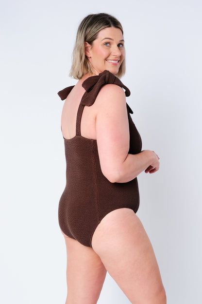 Crinkle Cut Square Neck One Piece CHOCOLATE