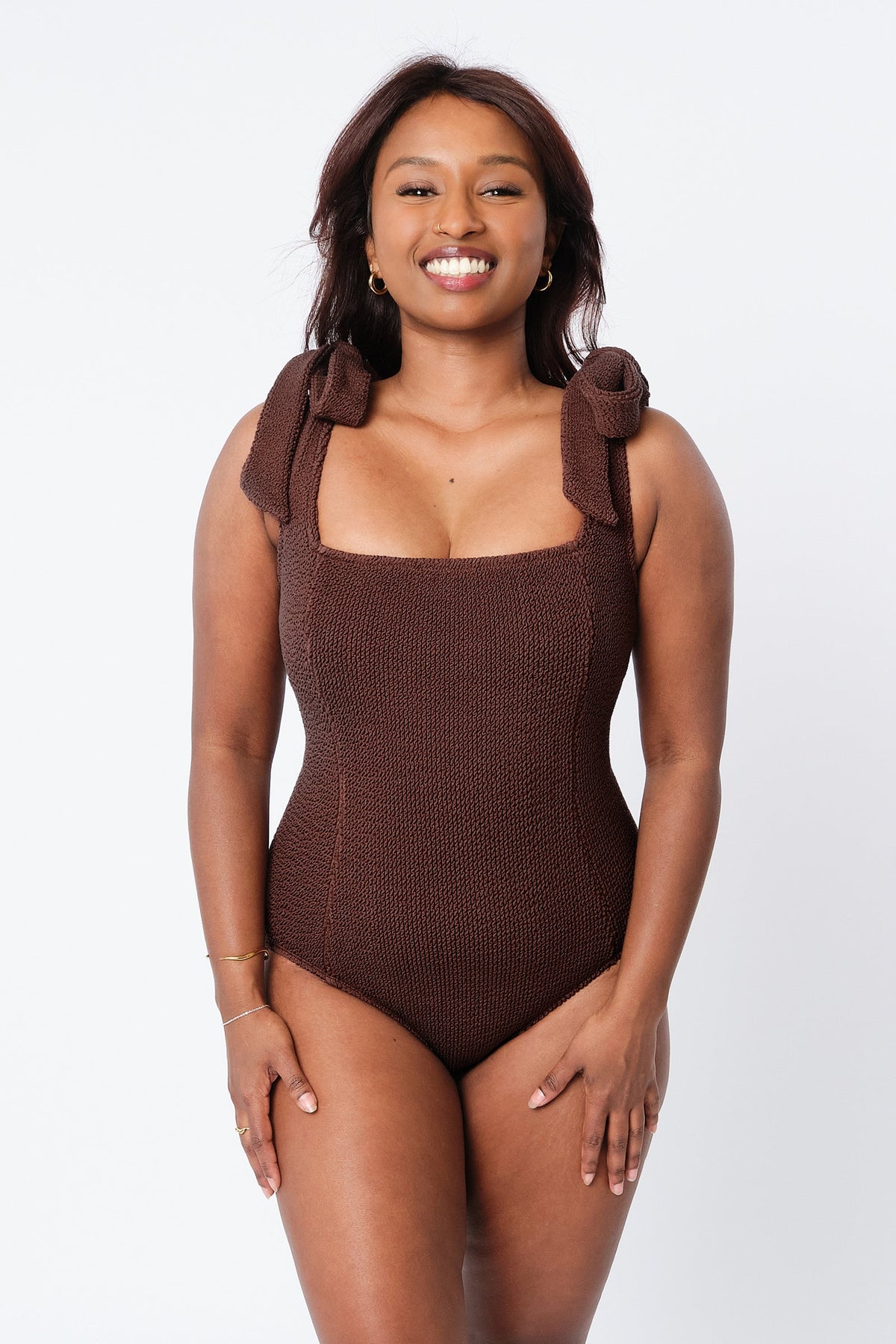 Crinkle Cut Square Neck One Piece CHOCOLATE