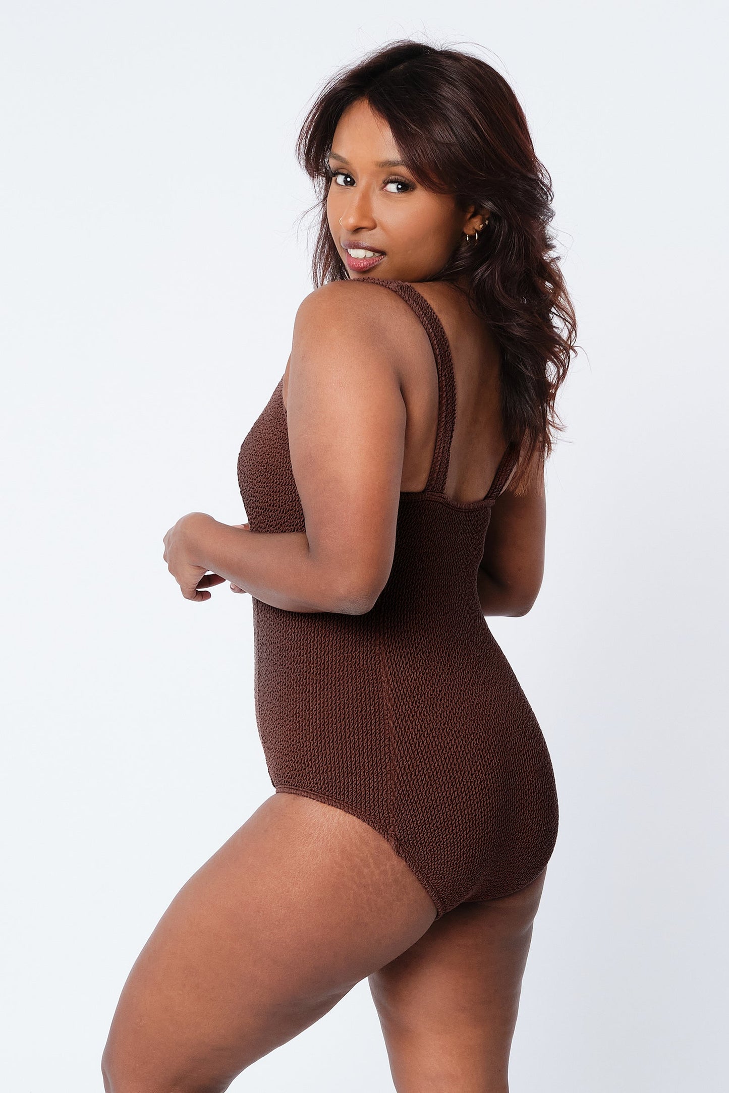 Crinkle Cut Square Neck One Piece CHOCOLATE