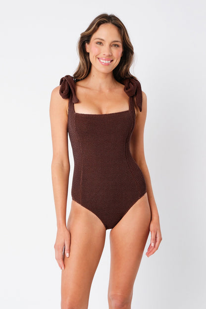 Crinkle Cut Square Neck One Piece CHOCOLATE