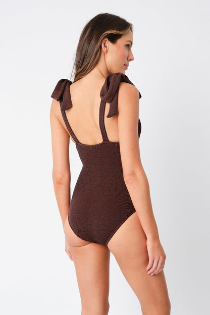 Crinkle Cut Square Neck One Piece CHOCOLATE