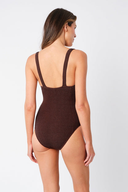 Crinkle Cut Square Neck One Piece CHOCOLATE