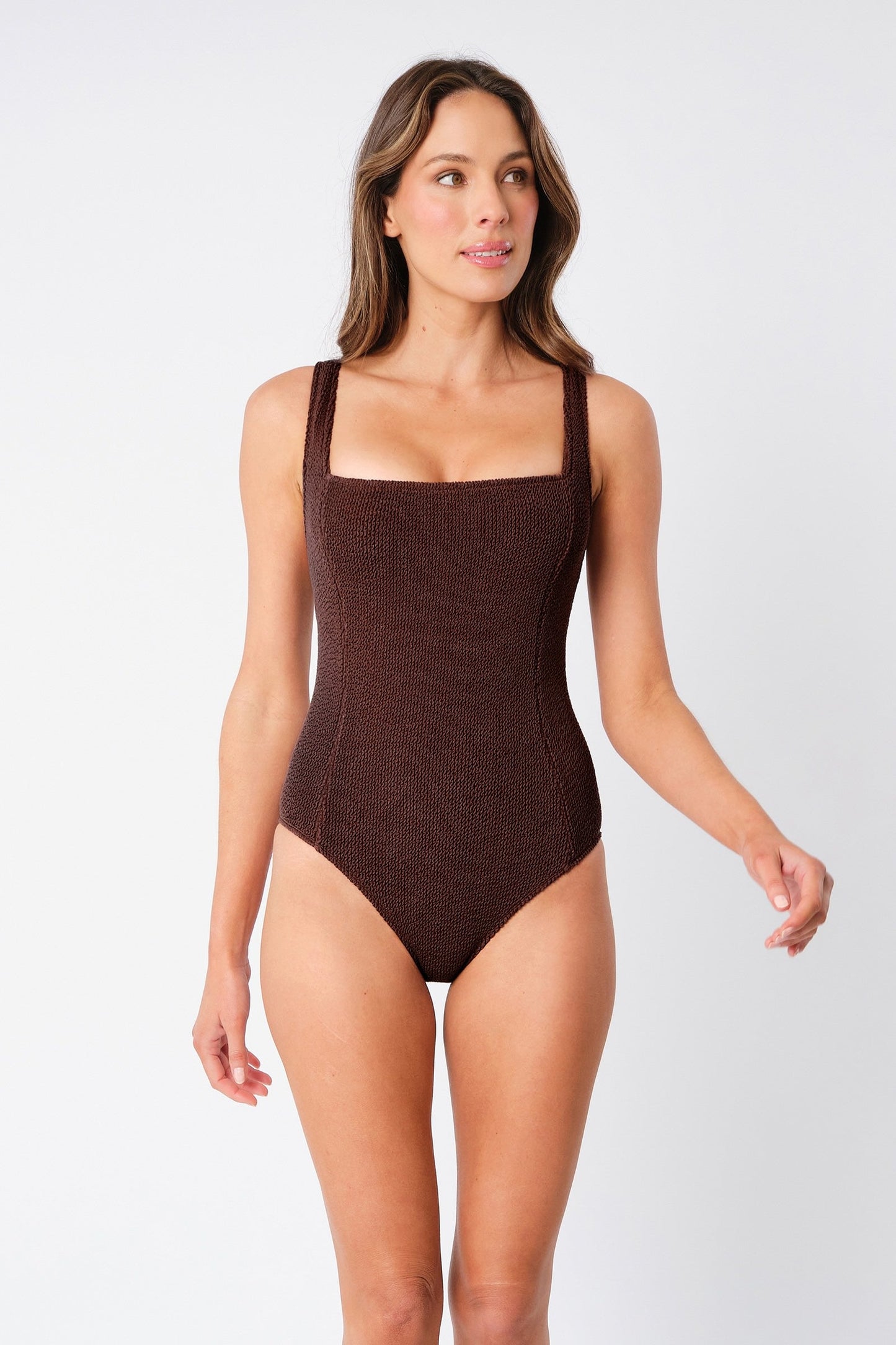 Crinkle Cut Square Neck One Piece CHOCOLATE