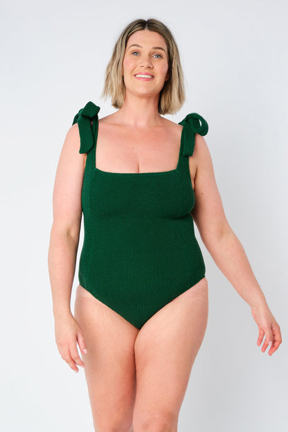 Crinkle Cut Square Neck One Piece FOREST GREEN