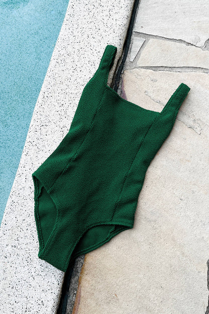 Crinkle Cut Square Neck One Piece FOREST GREEN