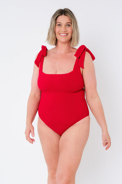 Crinkle Cut Square Neck One Piece RED