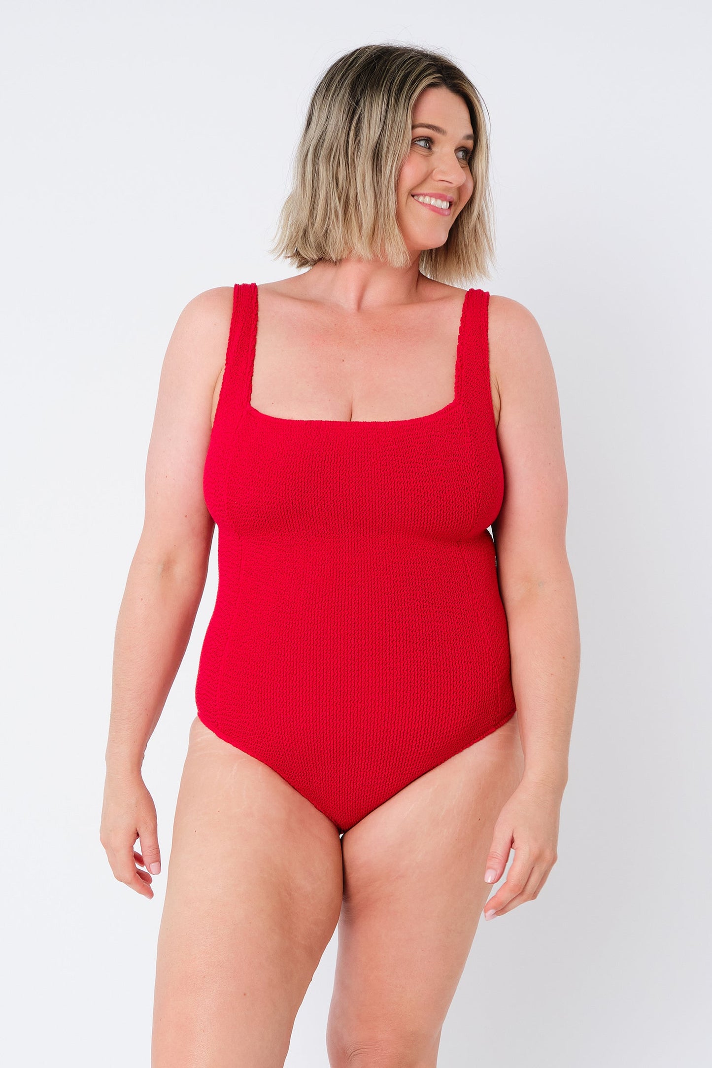 Crinkle Cut Square Neck One Piece RED