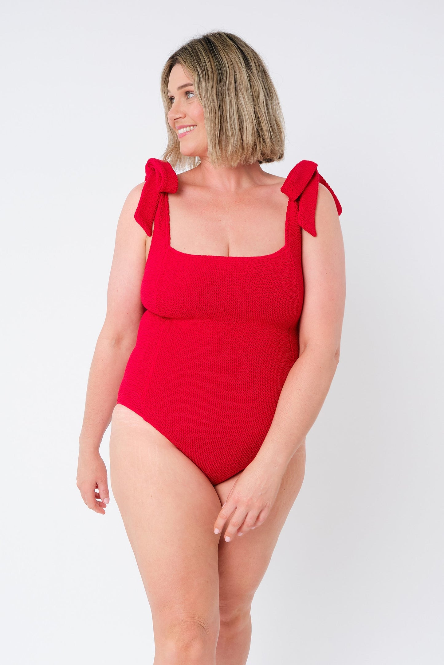 Crinkle Cut Square Neck One Piece RED