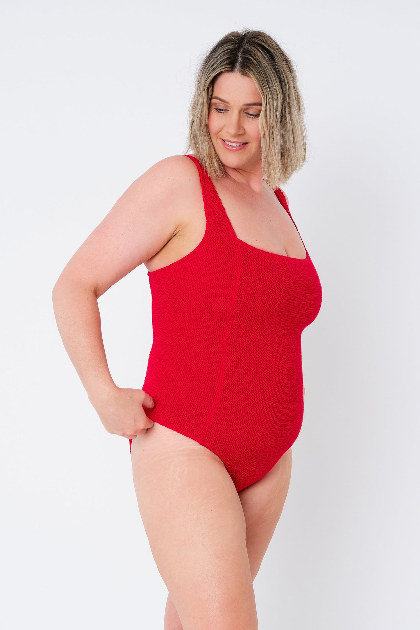 Crinkle Cut Square Neck One Piece RED