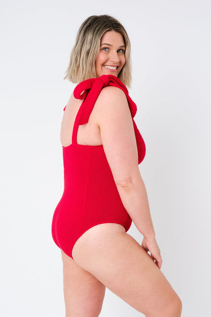 Crinkle Cut Square Neck One Piece RED