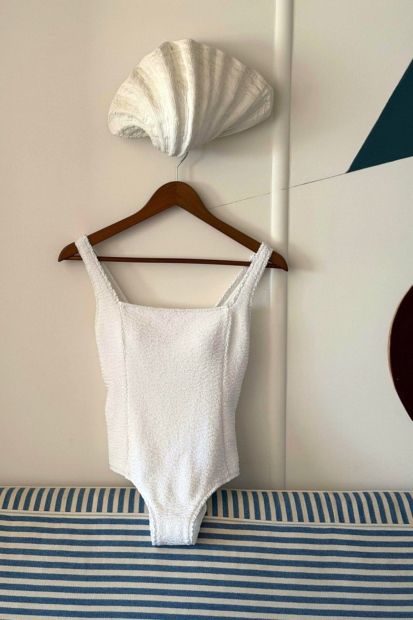 Crinkle Cut Square Neck One Piece WHITE