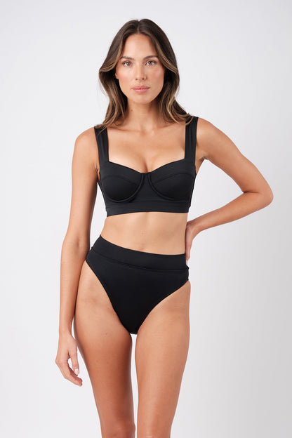 High-Cut High-Waisted Bikini Bottom BLACK