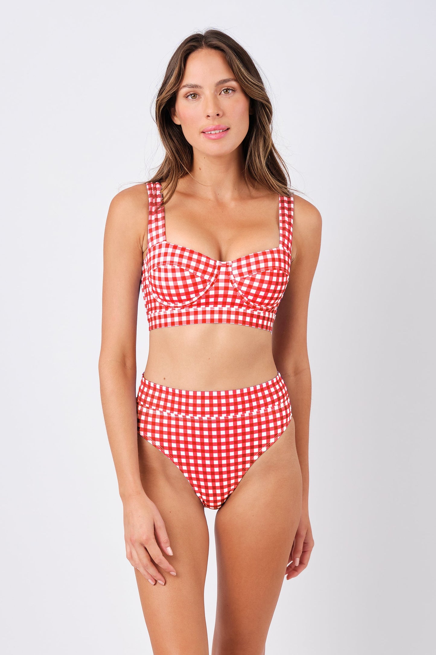 High-Cut High-Waisted Bikini Bottom RED GINGHAM