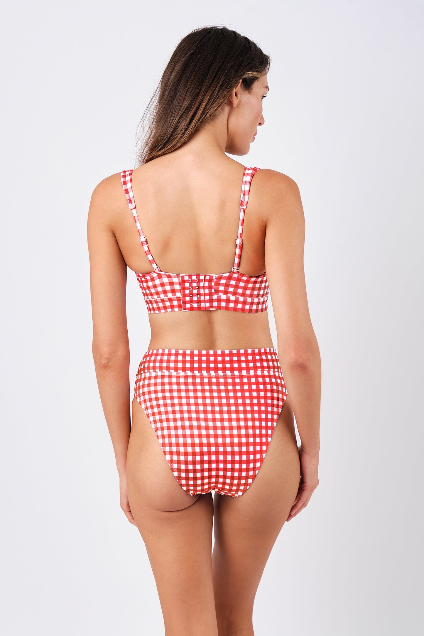 High-Cut High-Waisted Bikini Bottom RED GINGHAM
