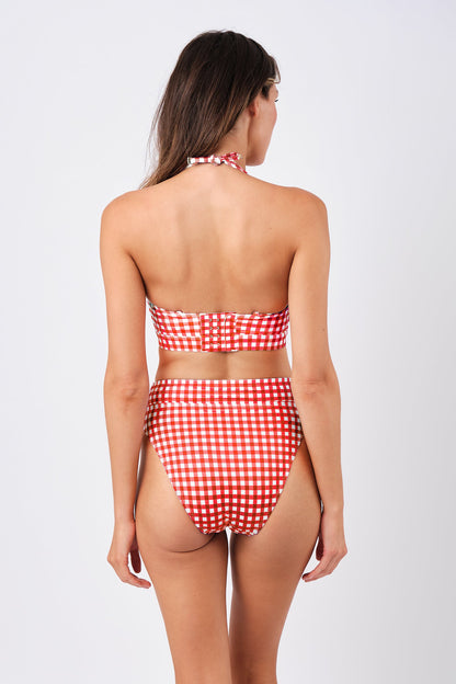 High-Cut High-Waisted Bikini Bottom RED GINGHAM
