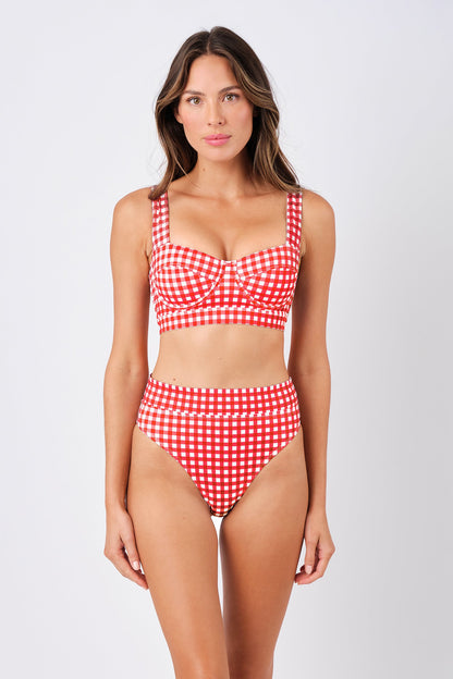 High-Cut High-Waisted Bikini Bottom RED GINGHAM