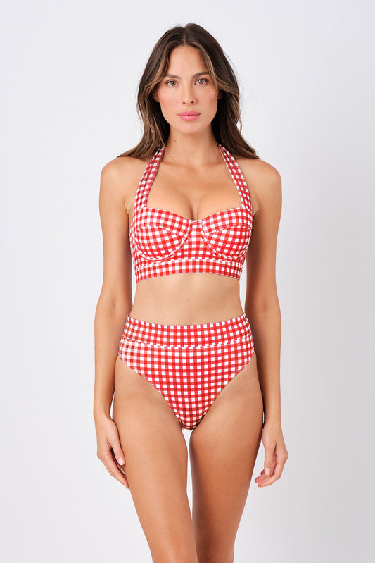 High-Cut High-Waisted Bikini Bottom RED GINGHAM