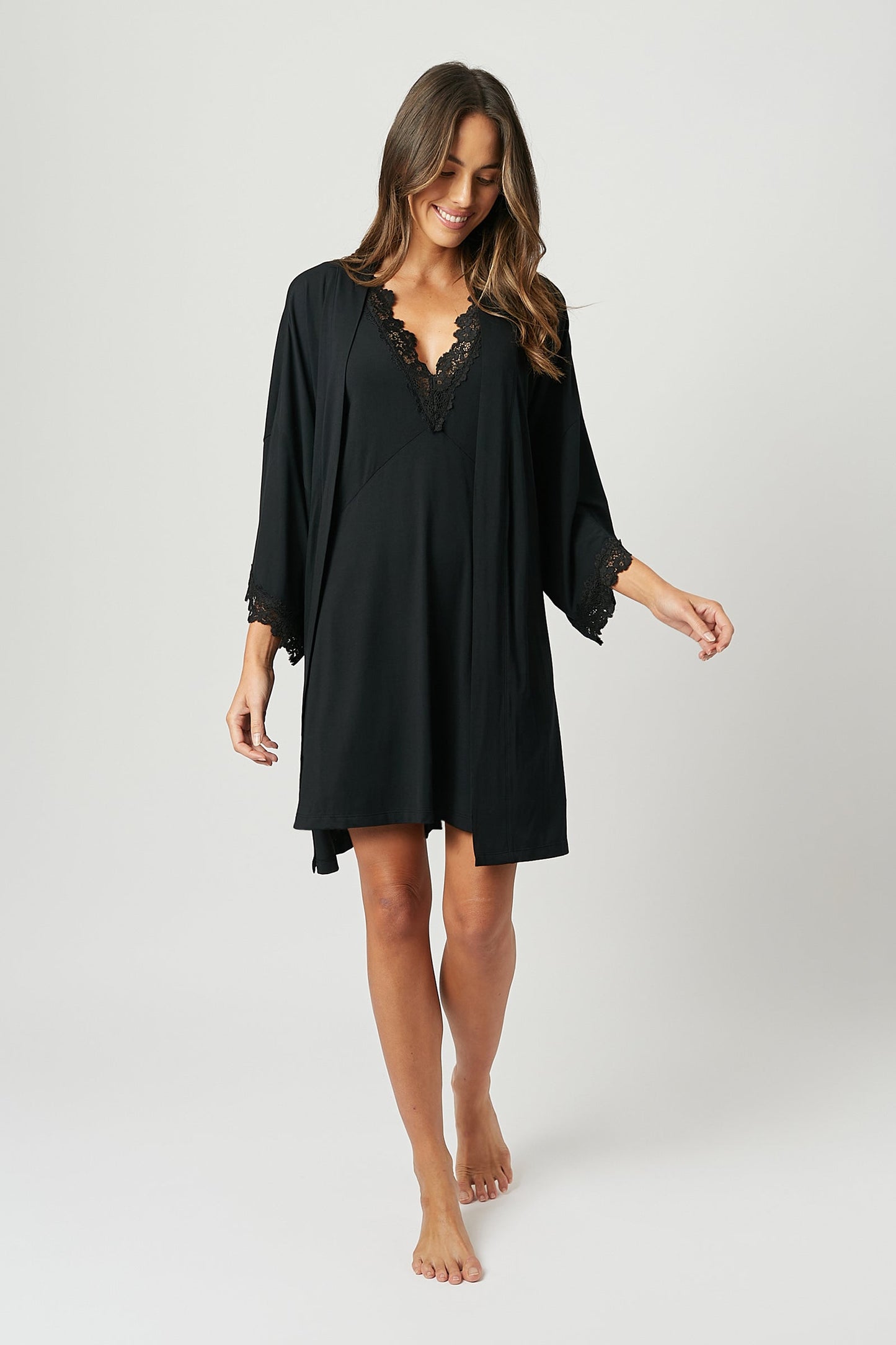 Lace Trim V-Neck Nightie BLACK