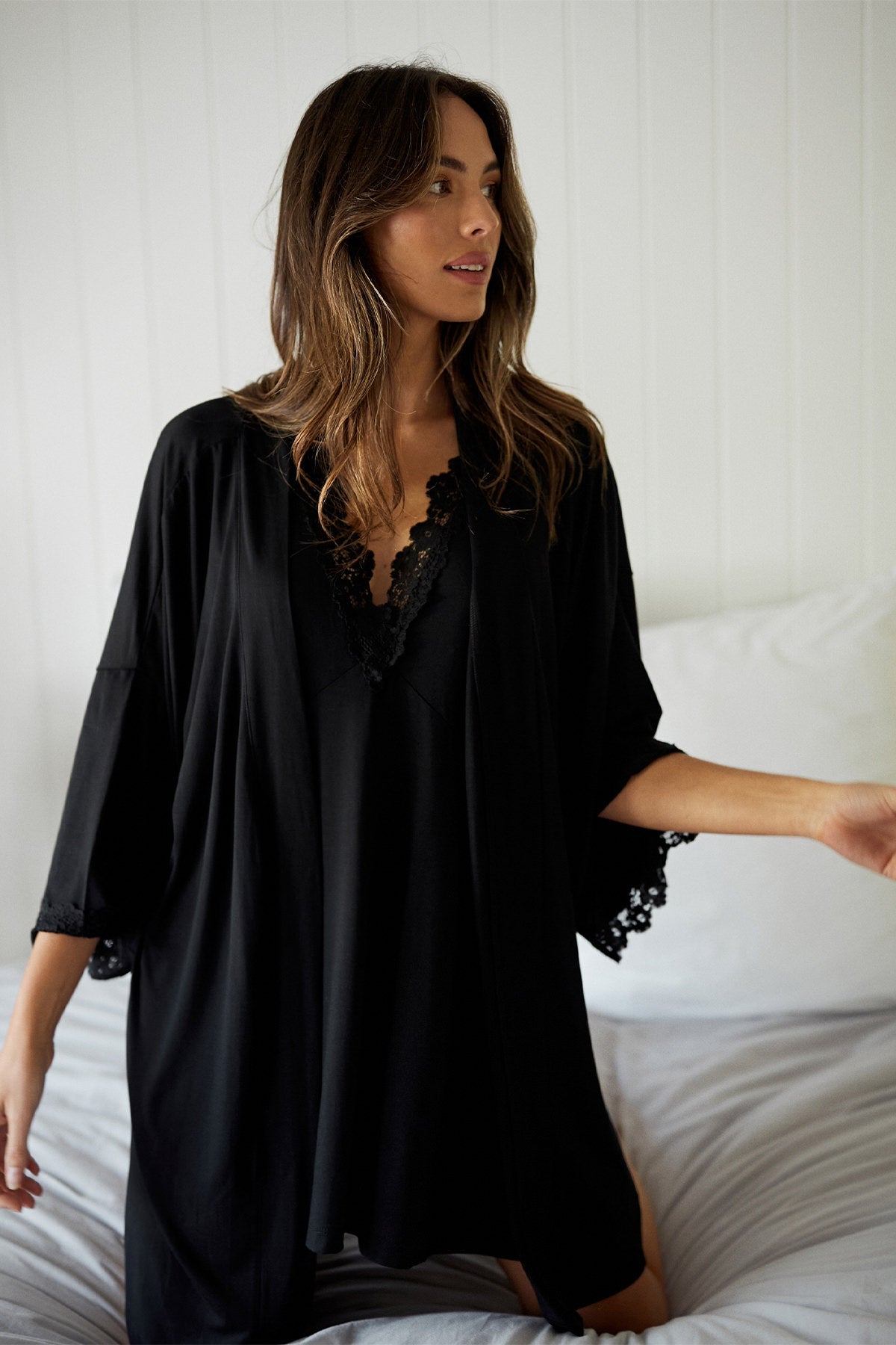 Lace Trim V-Neck Nightie BLACK