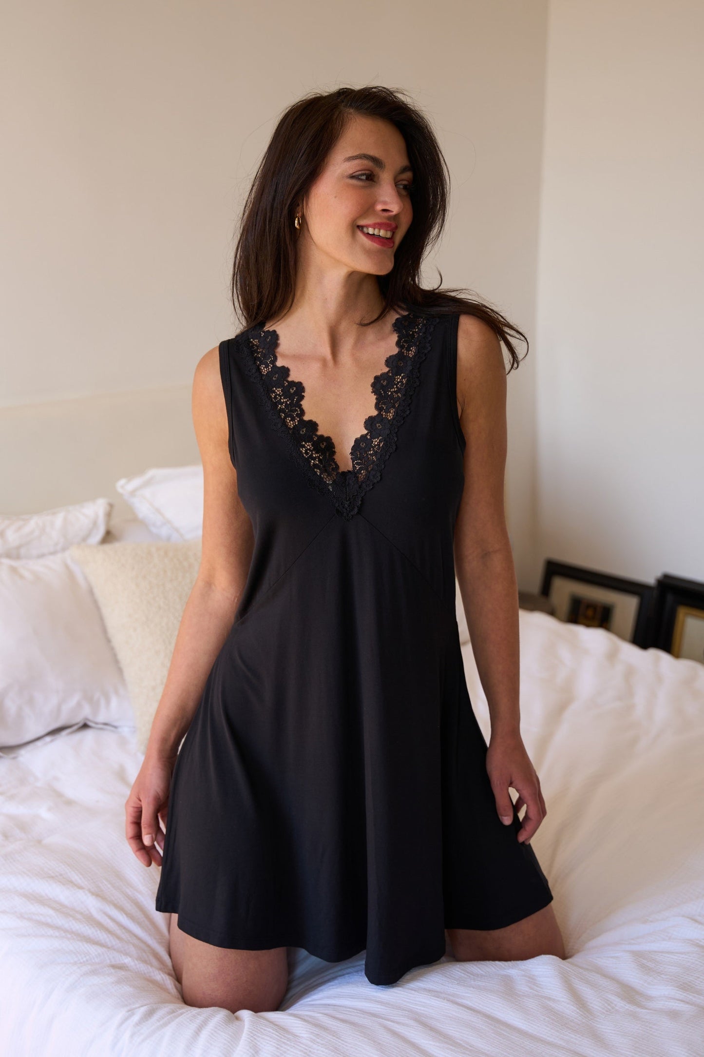 Lace Trim V-Neck Nightie BLACK