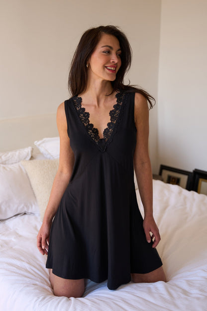 Lace Trim V-Neck Nightie BLACK